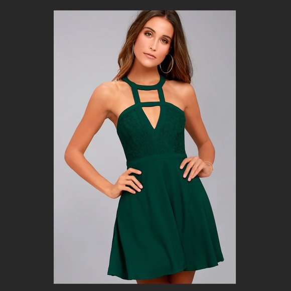 All My Daydreams Lace Skater Dress in Forest Green - Picture 1 of 4